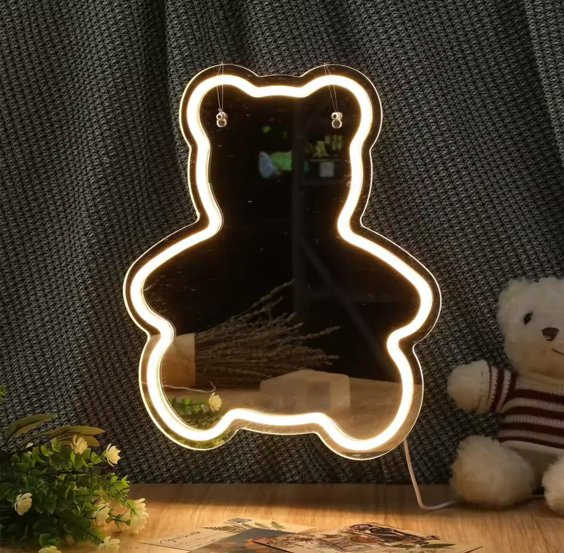 LED neon teddy bear mirror